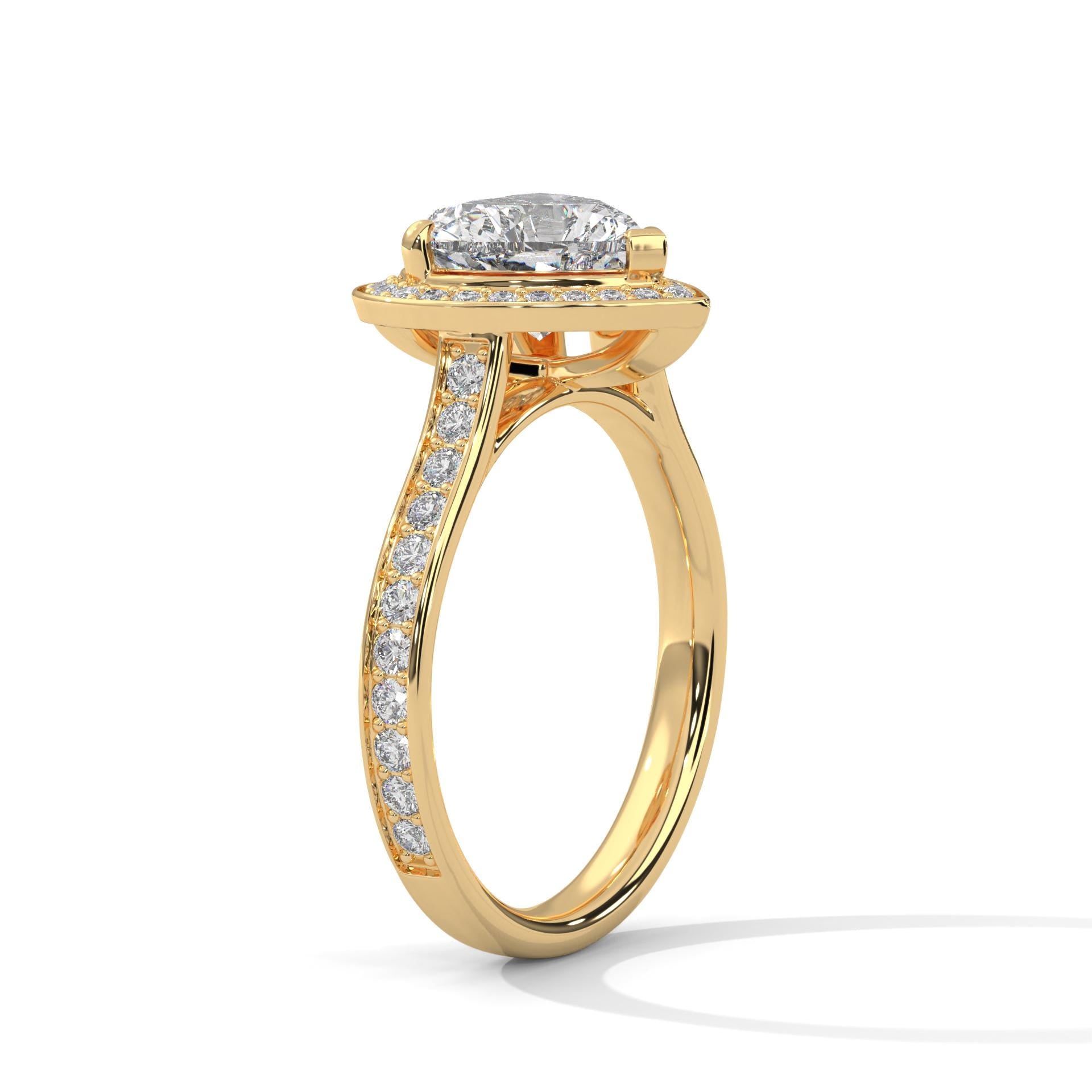 Architectural yellow gold cathedral setting for heart cut halo diamond