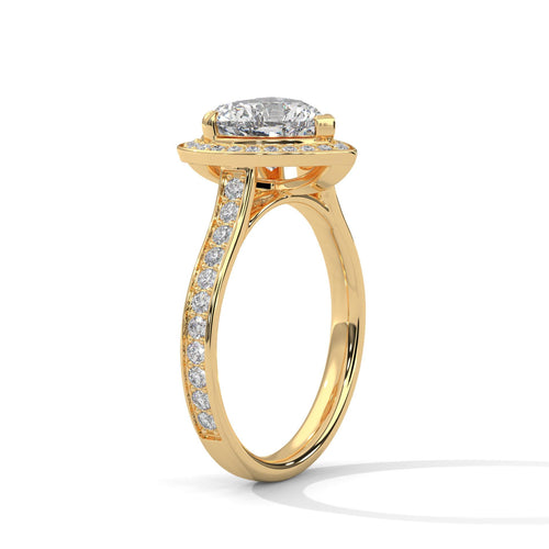 Architectural yellow gold cathedral setting for heart cut halo diamond