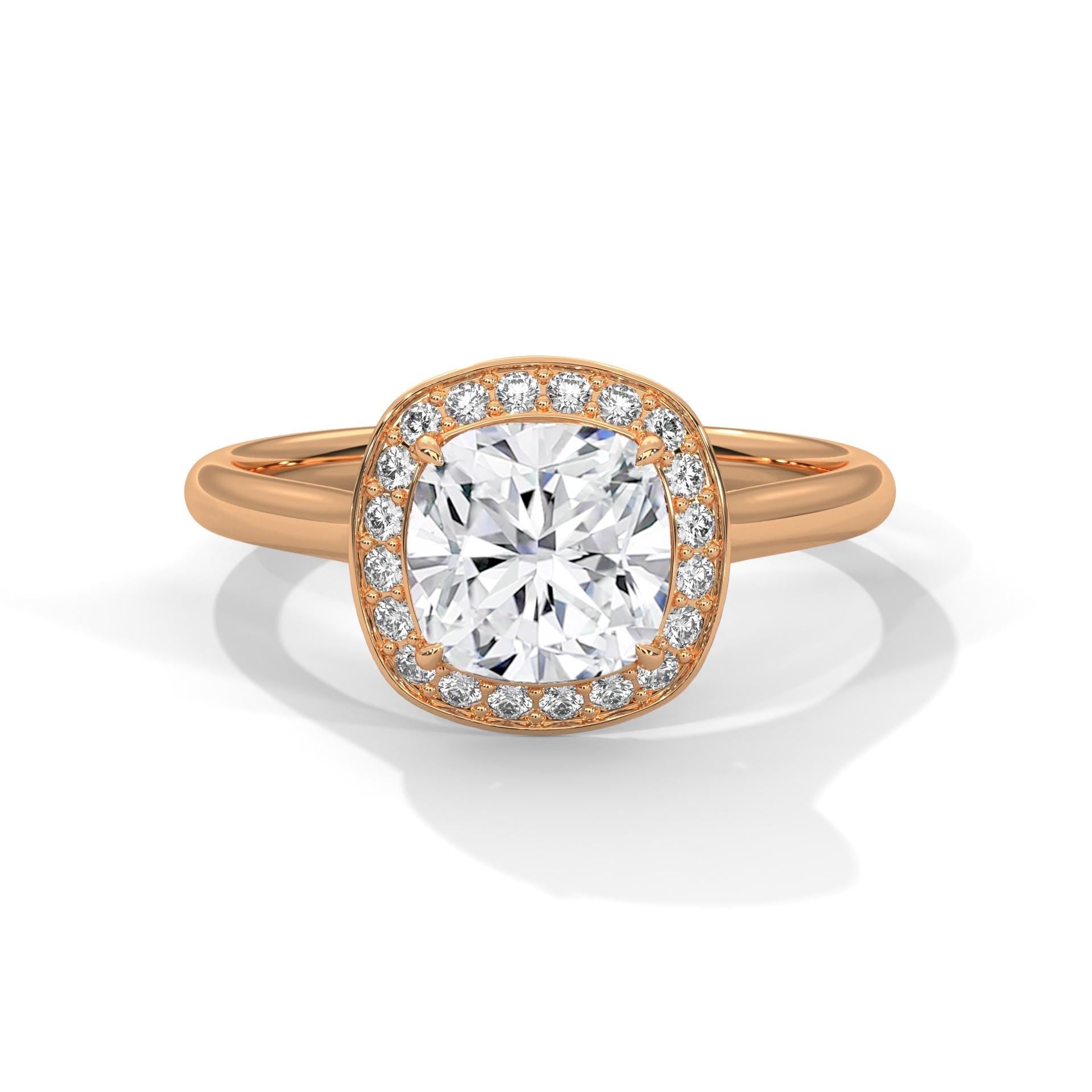 Cushion cut lab grown diamond halo engagement ring in rose gold