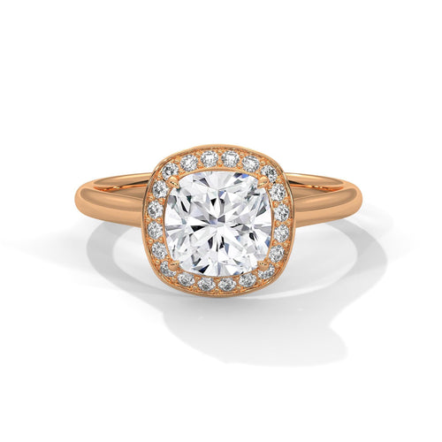Cushion cut lab grown diamond halo engagement ring in rose gold