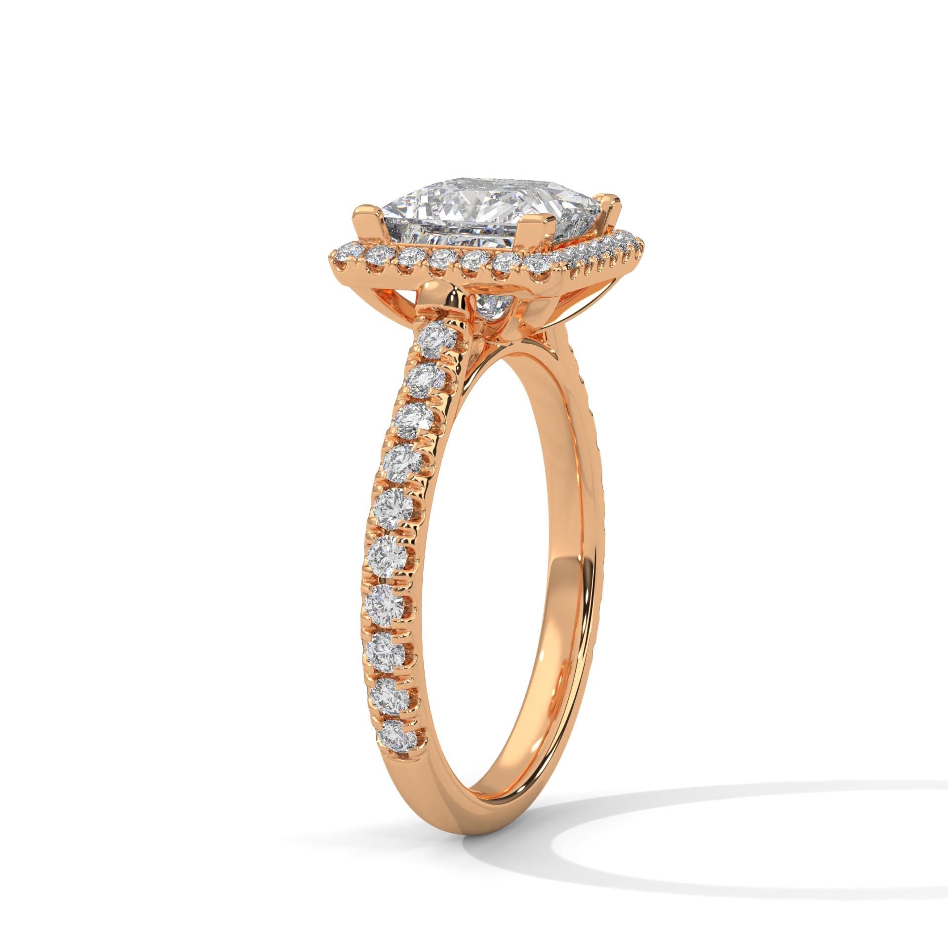 Underside view of rose gold cathedral arches for princess brilliant diamond