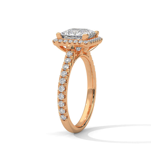 Underside view of rose gold cathedral arches for princess brilliant diamond