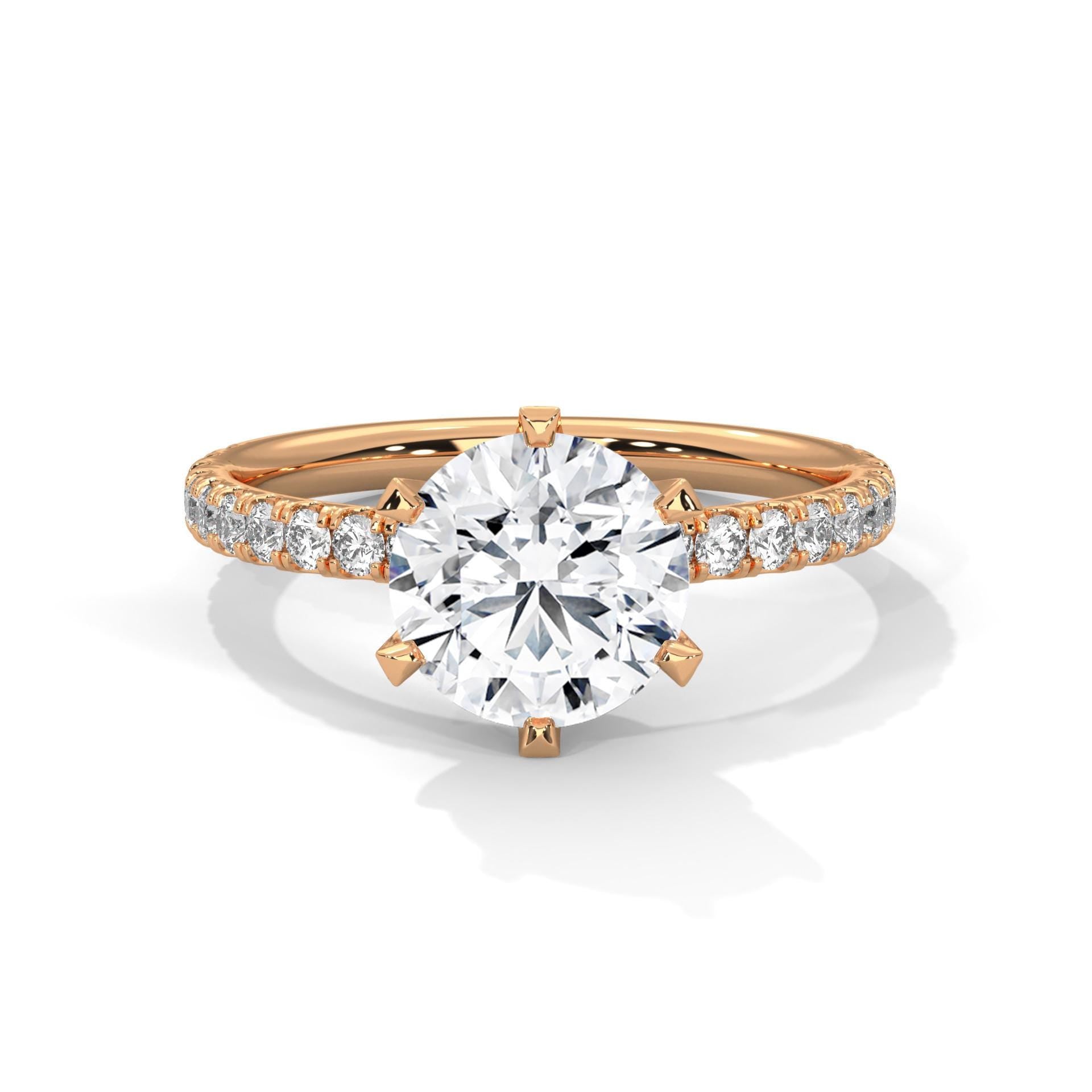 1 to 3 carat round lab diamond 6-prong pave cathedral ring in rose gold
