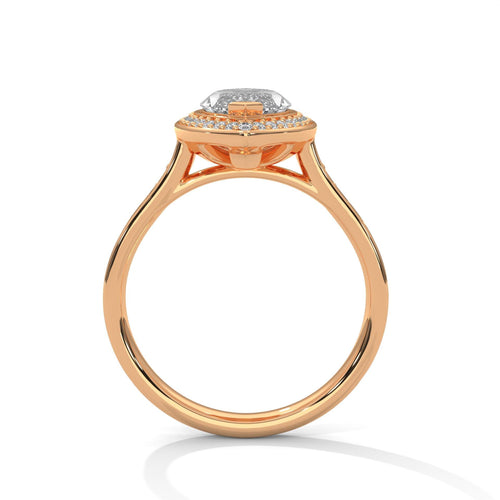 Rose gold marquise halo engagement ring featuring a polished solid gold band