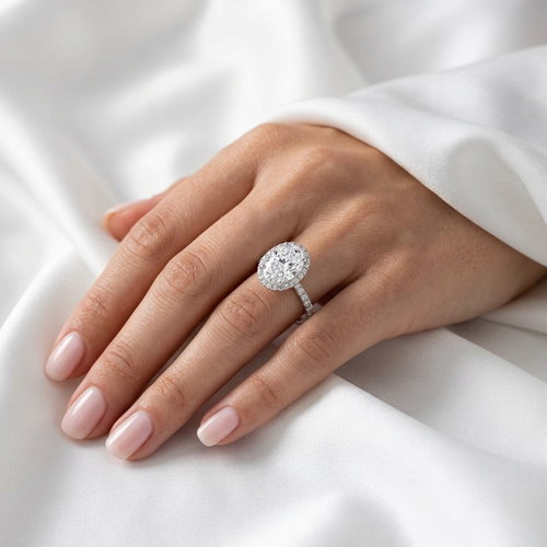 Oval Cut Lab Grown Diamond Pavé Halo Engagement Ring | 14K 18K Gold | 1–3ct