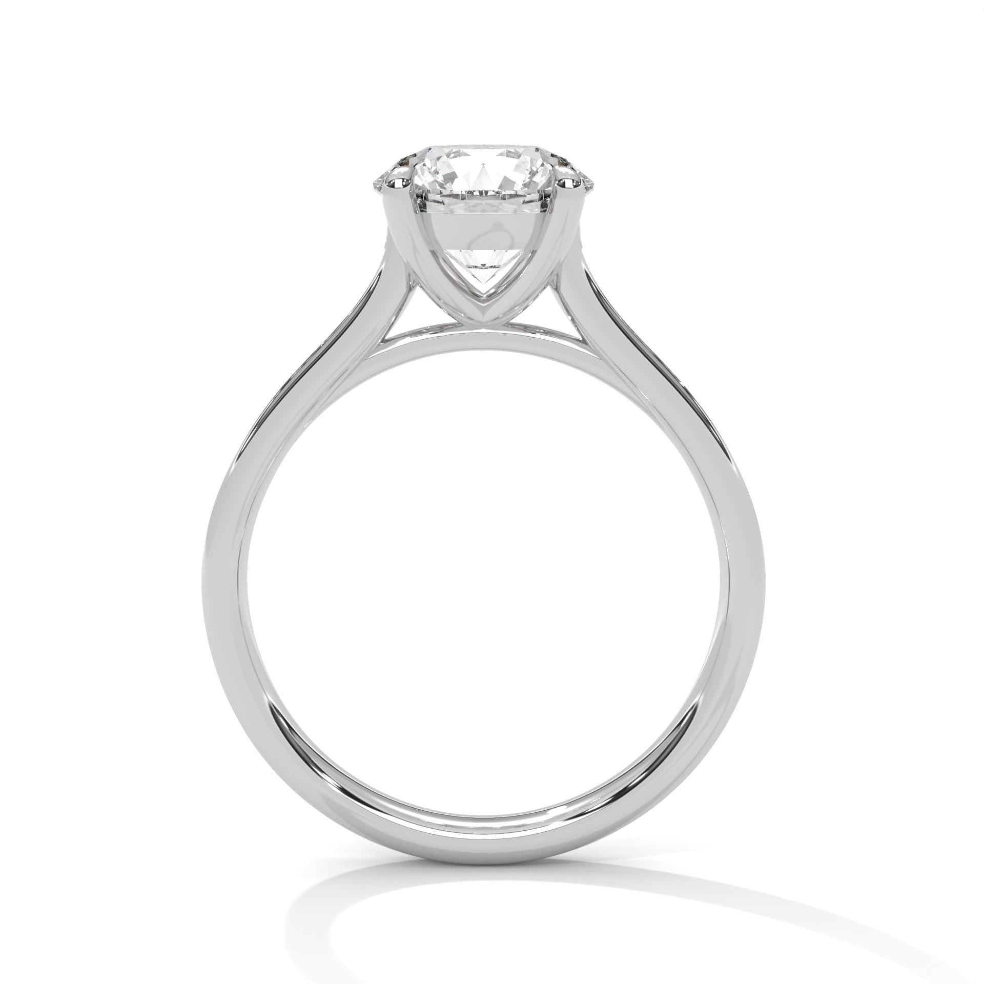 White gold round engagement ring with a shimmering pave diamond shank