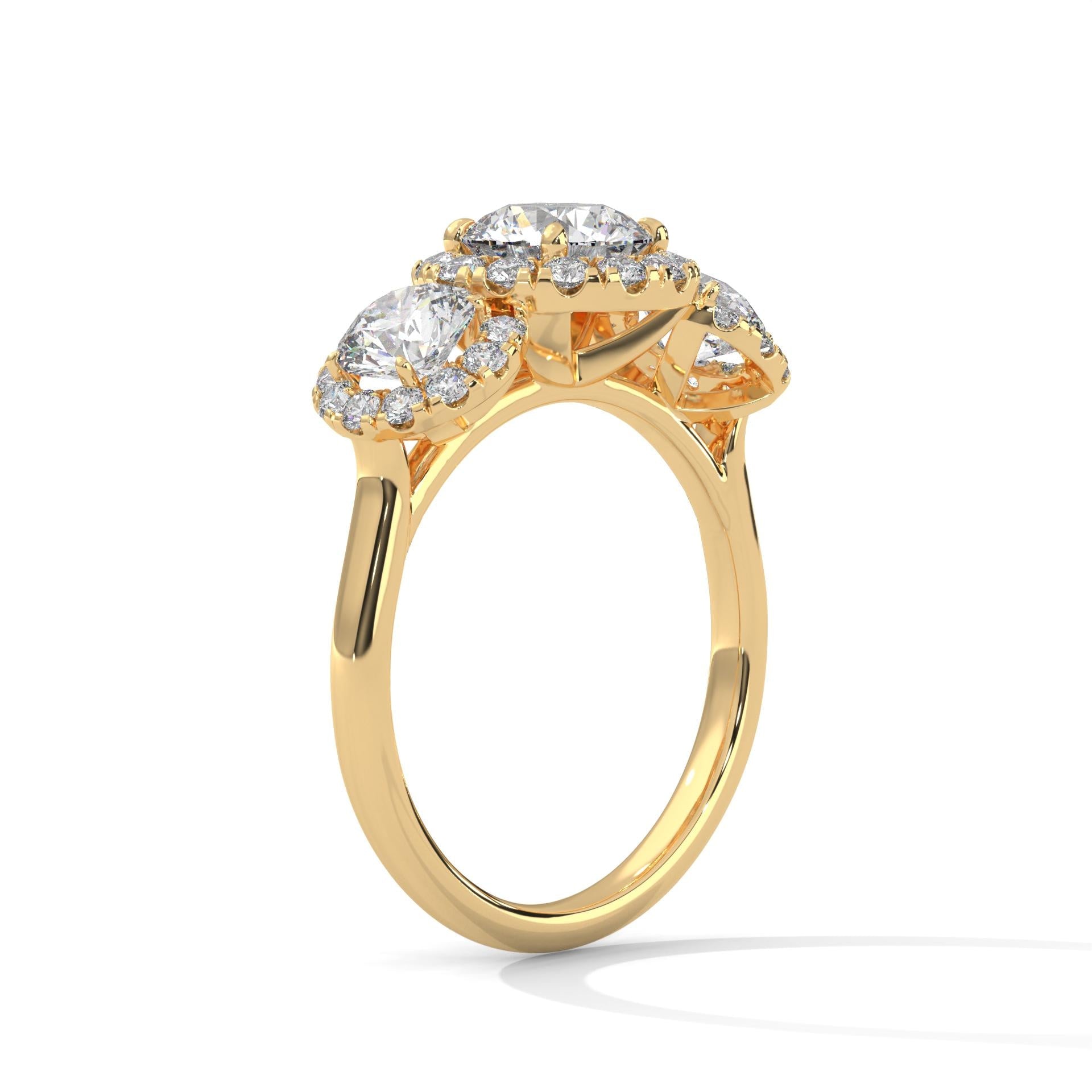 Architectural yellow gold triple halo setting for round brilliant diamonds