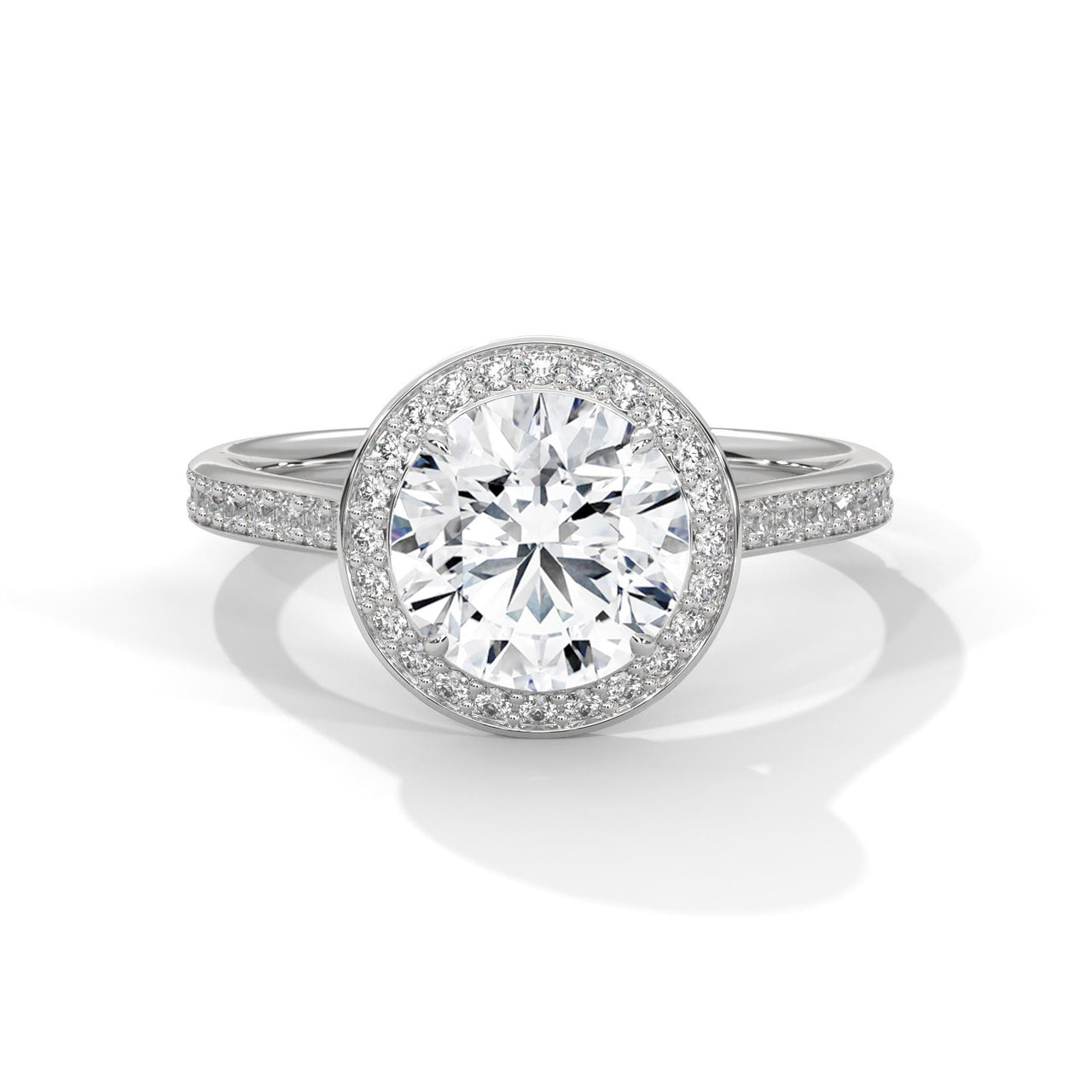 Round lab grown diamond halo engagement ring with pave diamond band in white gold
