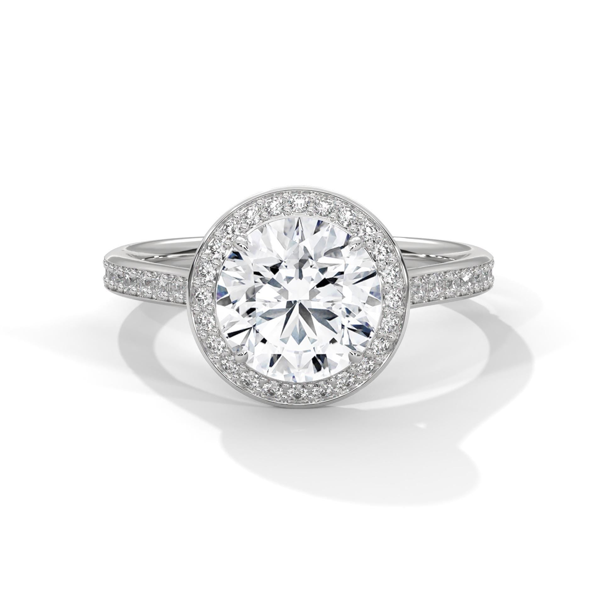 Round lab grown diamond halo engagement ring with pave diamond band in white gold