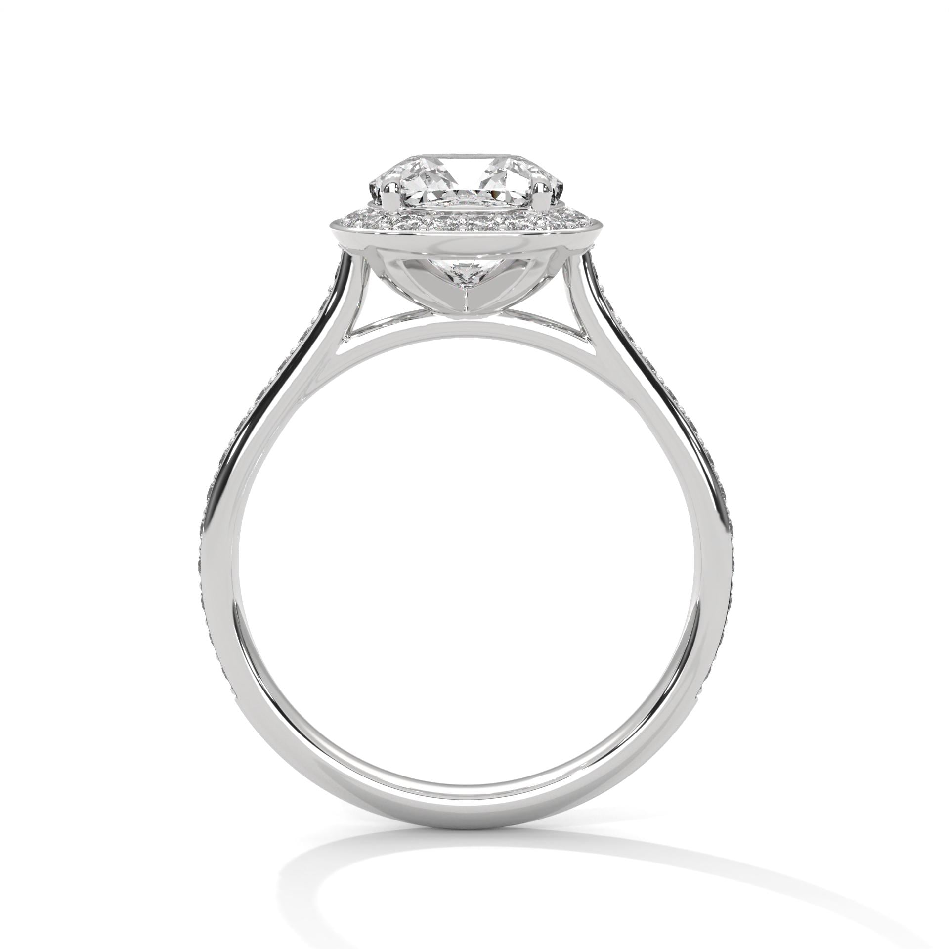 White gold cushion halo solitaire with hand-set micro-pavé diamonds