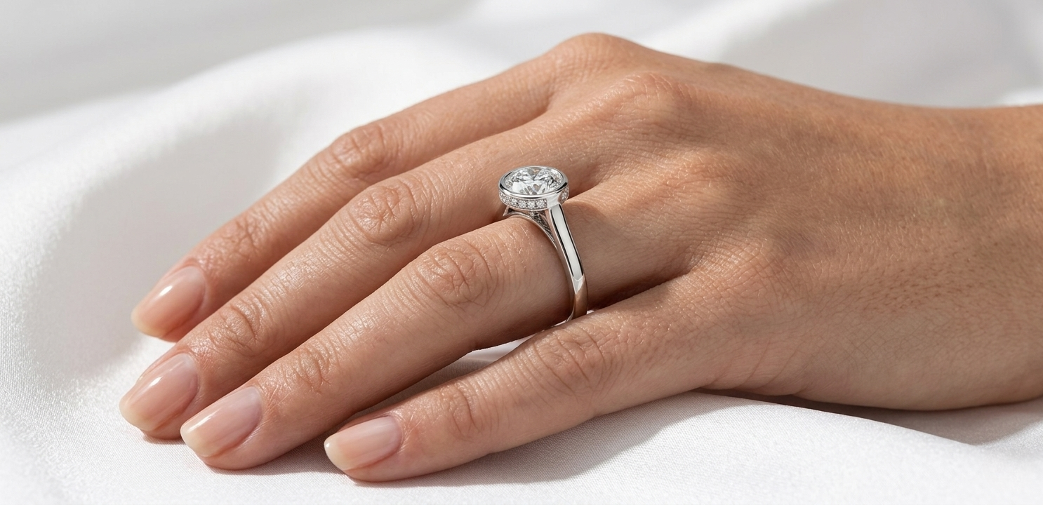 Close-up of a bezel-set round diamond solitaire engagement ring in white gold worn on a finger.