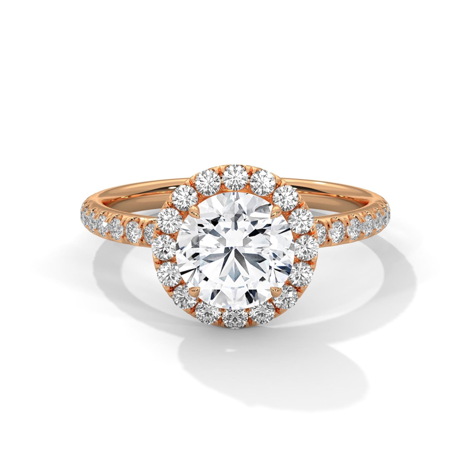 1 to 3 carat round lab diamond halo pave ring in rose gold