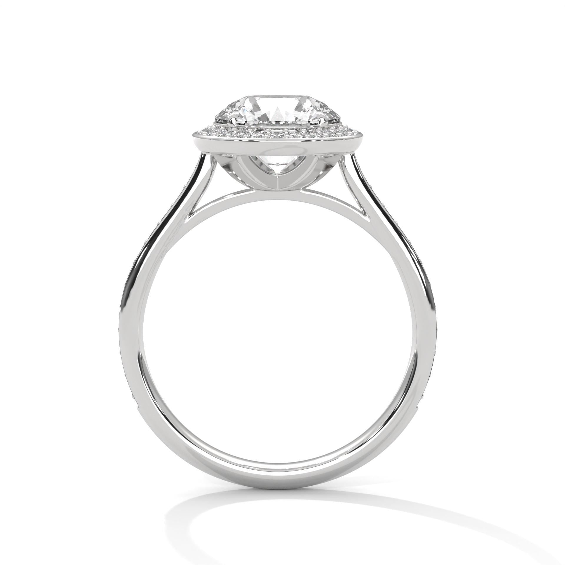 Side profile of cathedral halo engagement ring showing elevated diamond setting