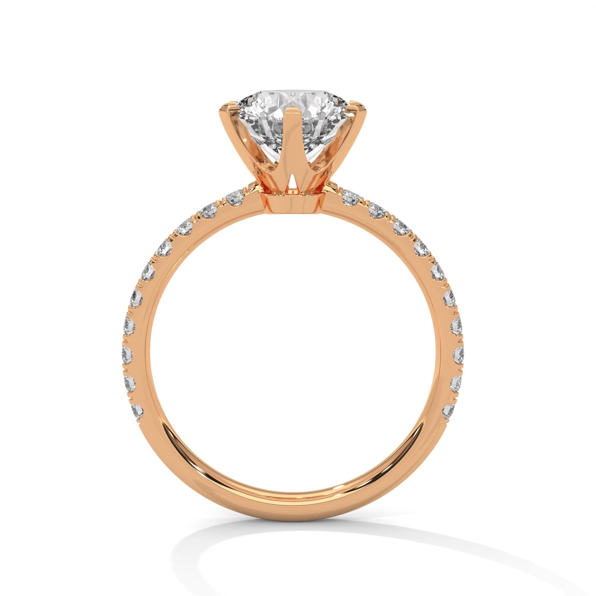 Rose gold round 6-prong engagement ring featuring a pavé diamond shank