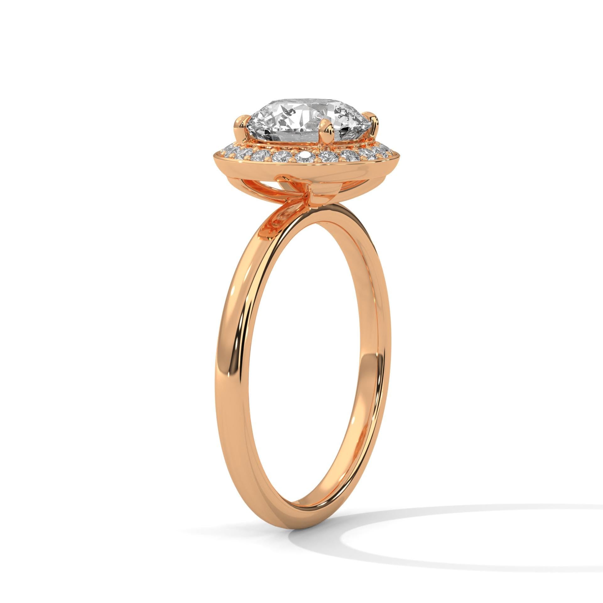 Side view of rose gold round halo engagement ring with high-polish shank