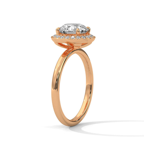Side view of rose gold round halo engagement ring with high-polish shank