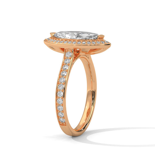Underside view of rose gold 6-prong halo setting for marquise diamond