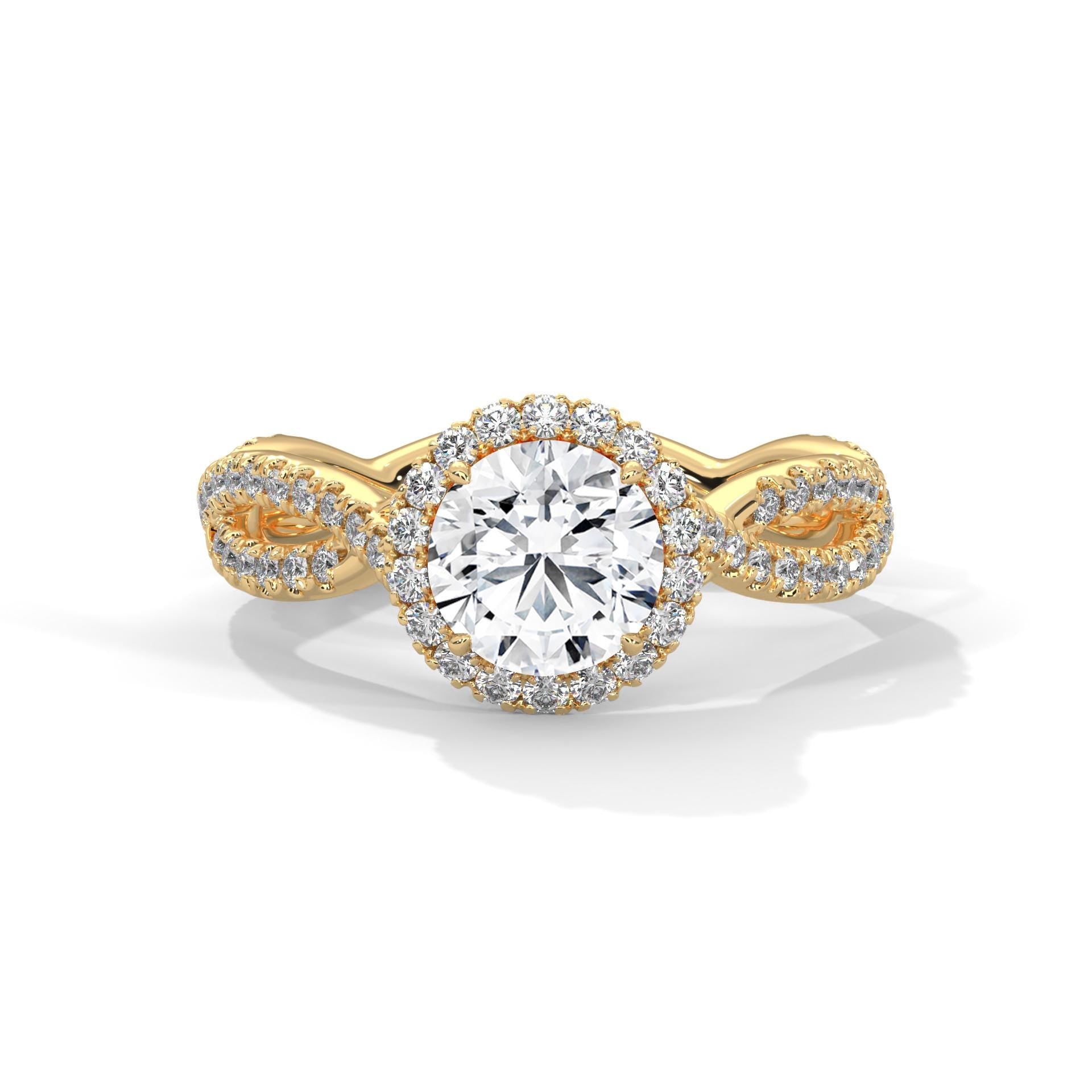 Colorless round cut lab diamond pave halo ring in yellow gold.
