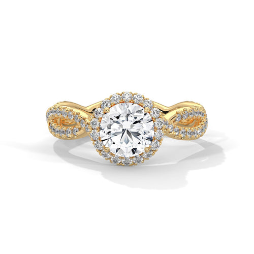 Colorless round cut lab diamond pave halo ring in yellow gold.