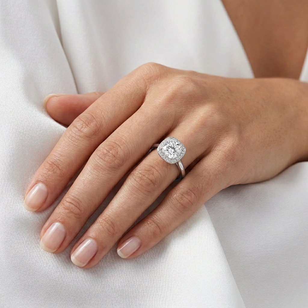 Cushion Cut Lab Grown Diamond Halo Ring | Solid Band | F VS2 | 14K 18K Gold