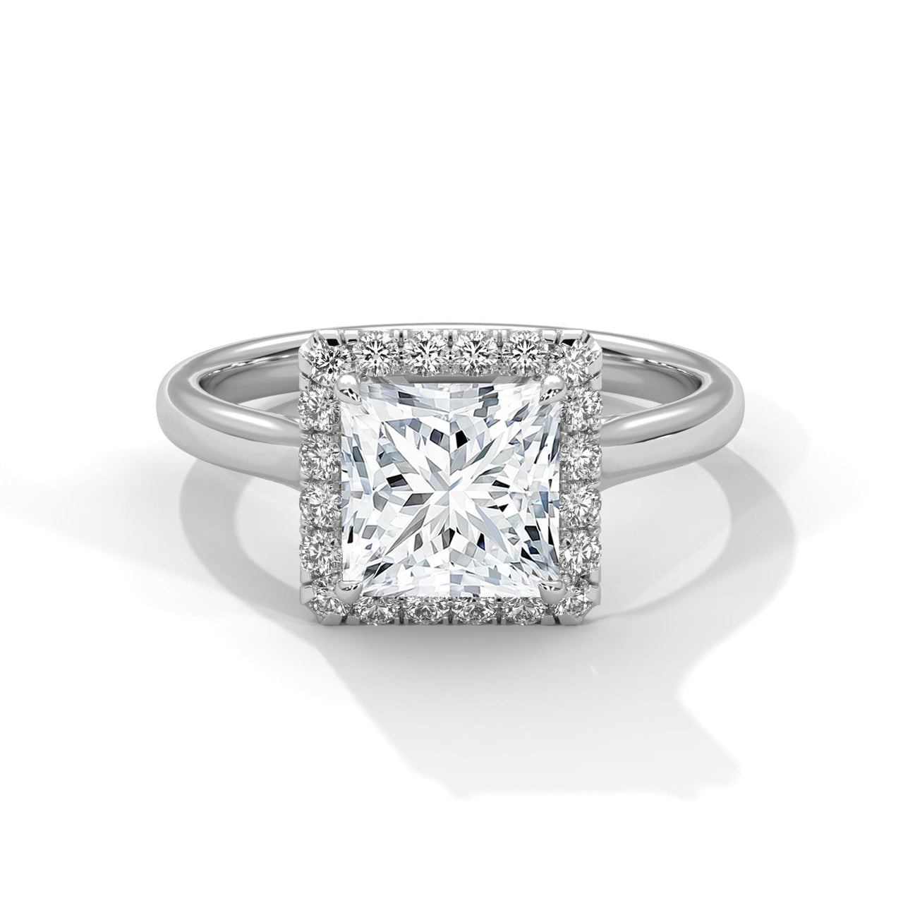 Princess cut lab grown diamond halo ring with polished white gold band