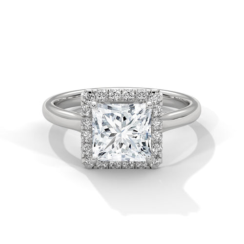 Princess cut lab grown diamond halo ring with polished white gold band