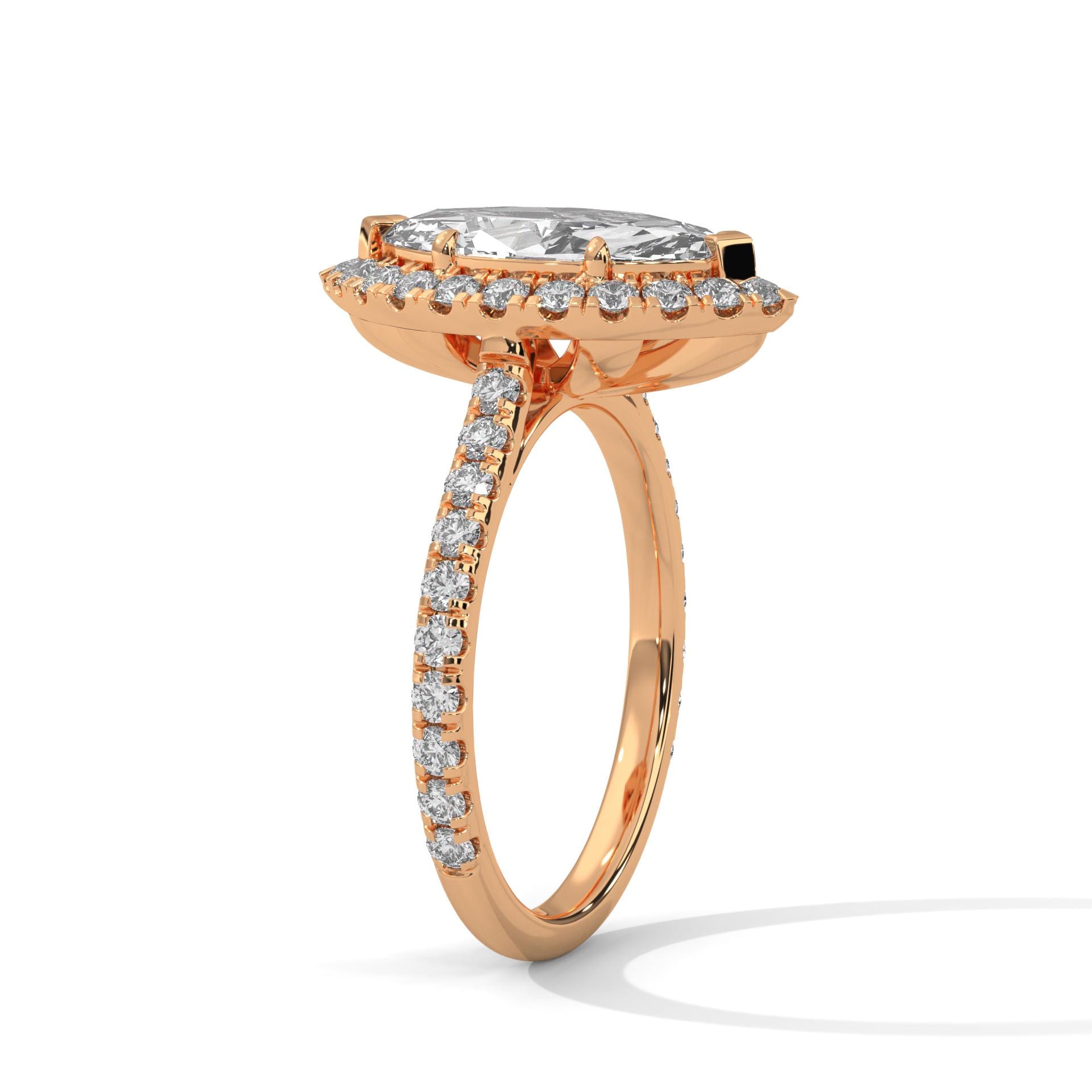 Elevated rose gold six-prong halo mount for marquise brilliant diamond