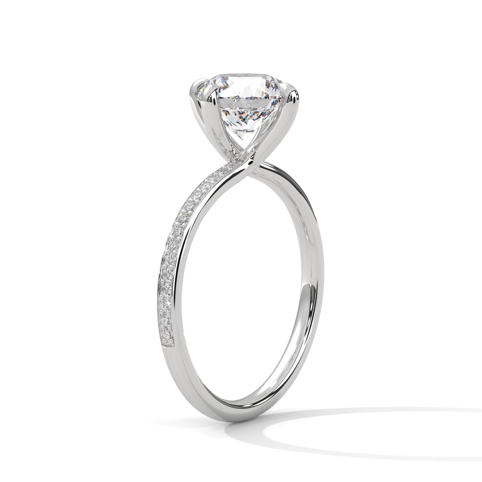 Architectural white gold 4-prong head for round lab diamond solitaire