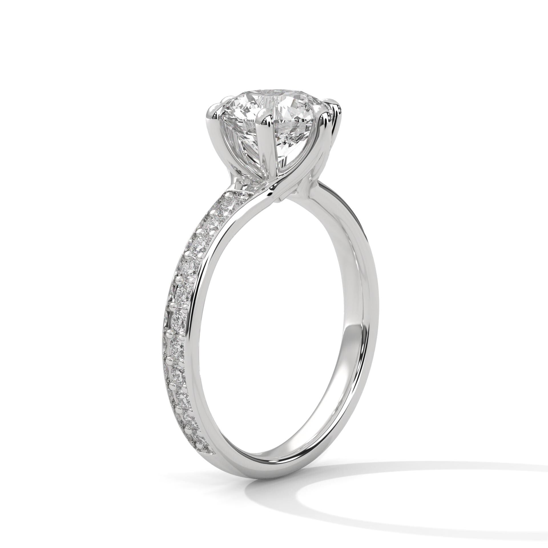 Underside view of white gold 6-prong cathedral arches for round diamond