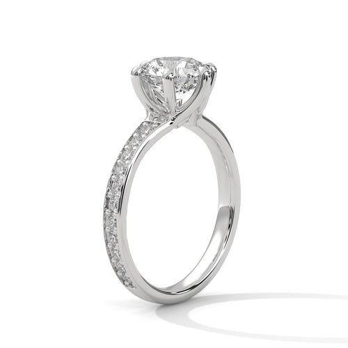 Underside view of white gold 6-prong cathedral arches for round diamond