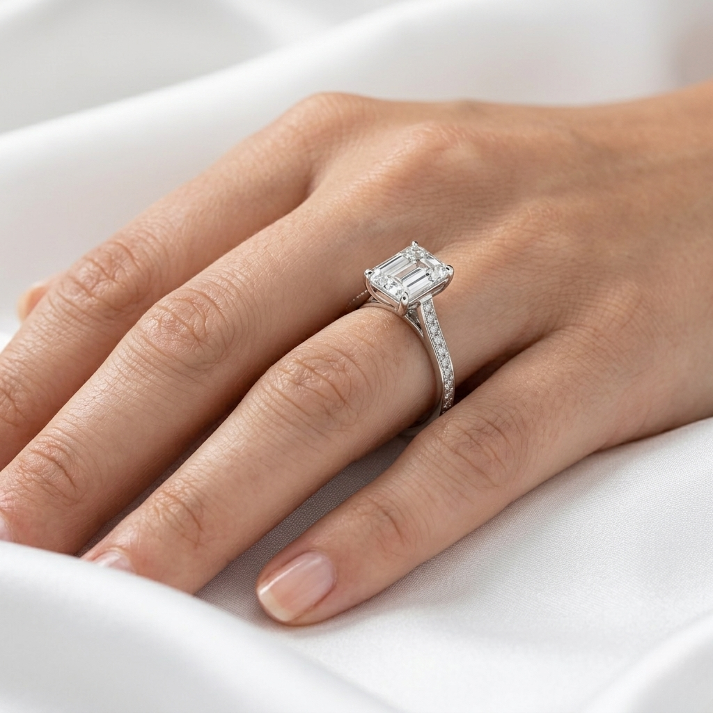 Emerald Cut Lab Grown Diamond Pave Cathedral Ring | F VS2 | 14K 18K Gold