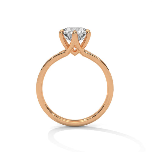 Side view of rose gold round 6-prong ring showing elegant cathedral arches