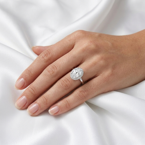 Oval Cut Lab Grown Diamond Halo Ring | Pavé Band | 14K 18K Solid Gold | 1–3ct