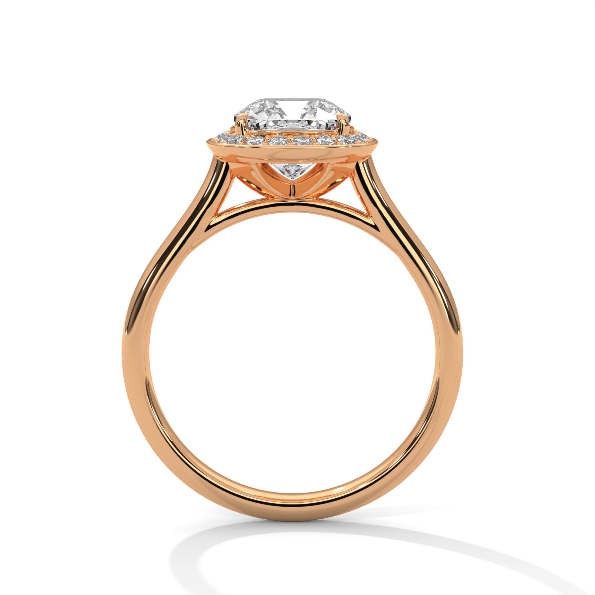 Side view of secure 4-prong halo setting for cushion diamond ring