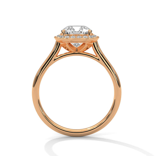 Side view of secure 4-prong halo setting for cushion diamond ring