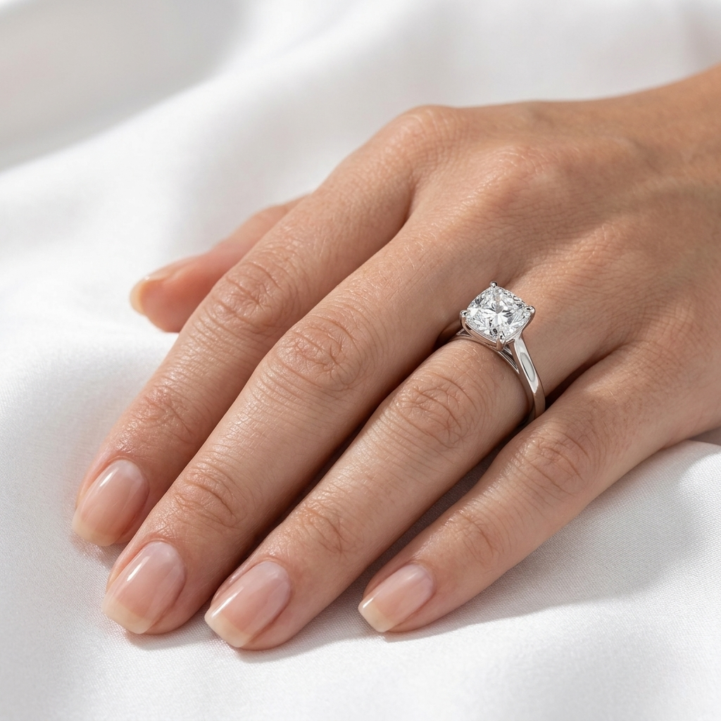 Close-up of a cushion cut solitaire engagement ring with a knife-edge band worn on a finger.