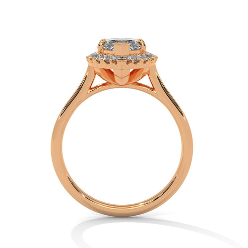 Rose gold marquise halo engagement ring featuring a polished solid gold band
