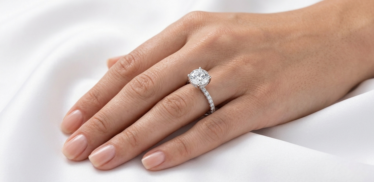 Round brilliant hidden halo pavé engagement ring worn on hand, close-up finger view
