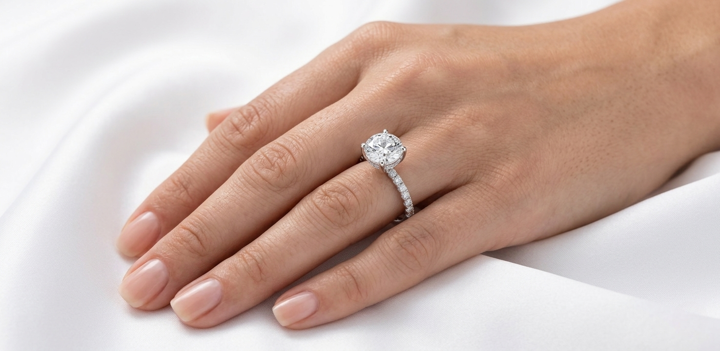 Round brilliant hidden halo pavé engagement ring worn on hand, close-up finger view