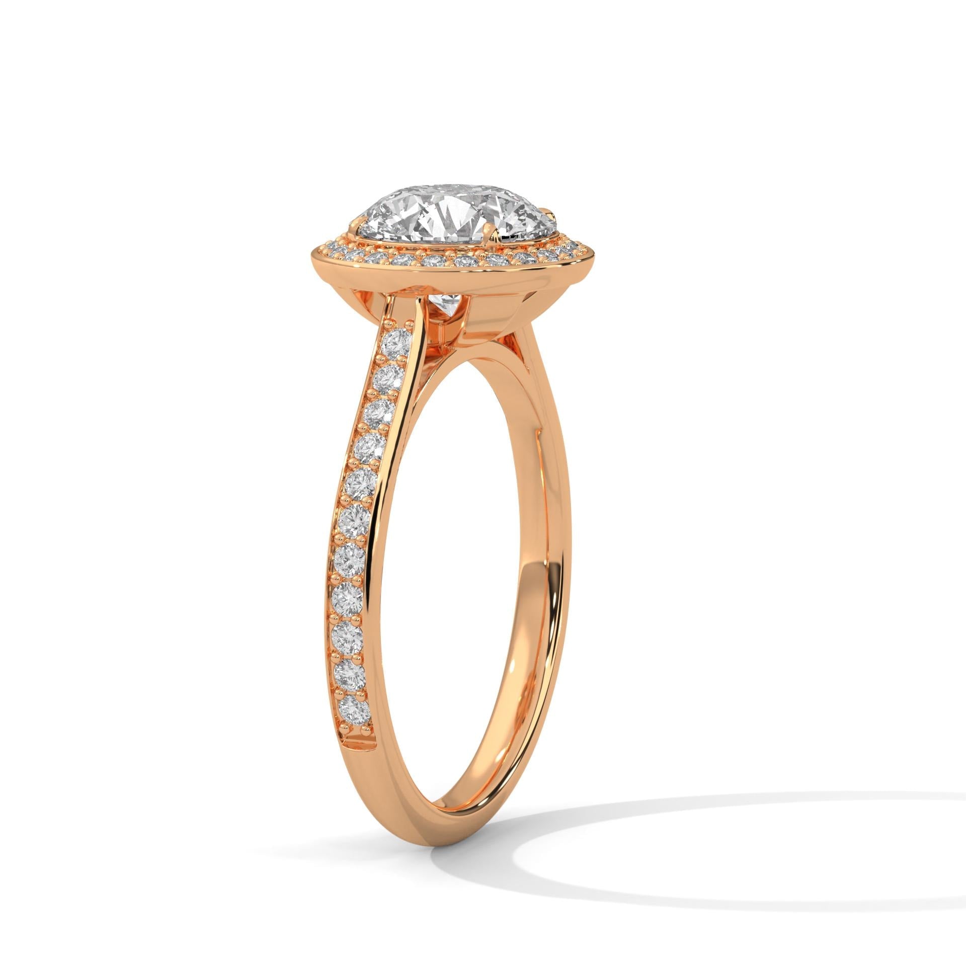 Rose gold halo engagement ring profile view with 4-prong secure mount