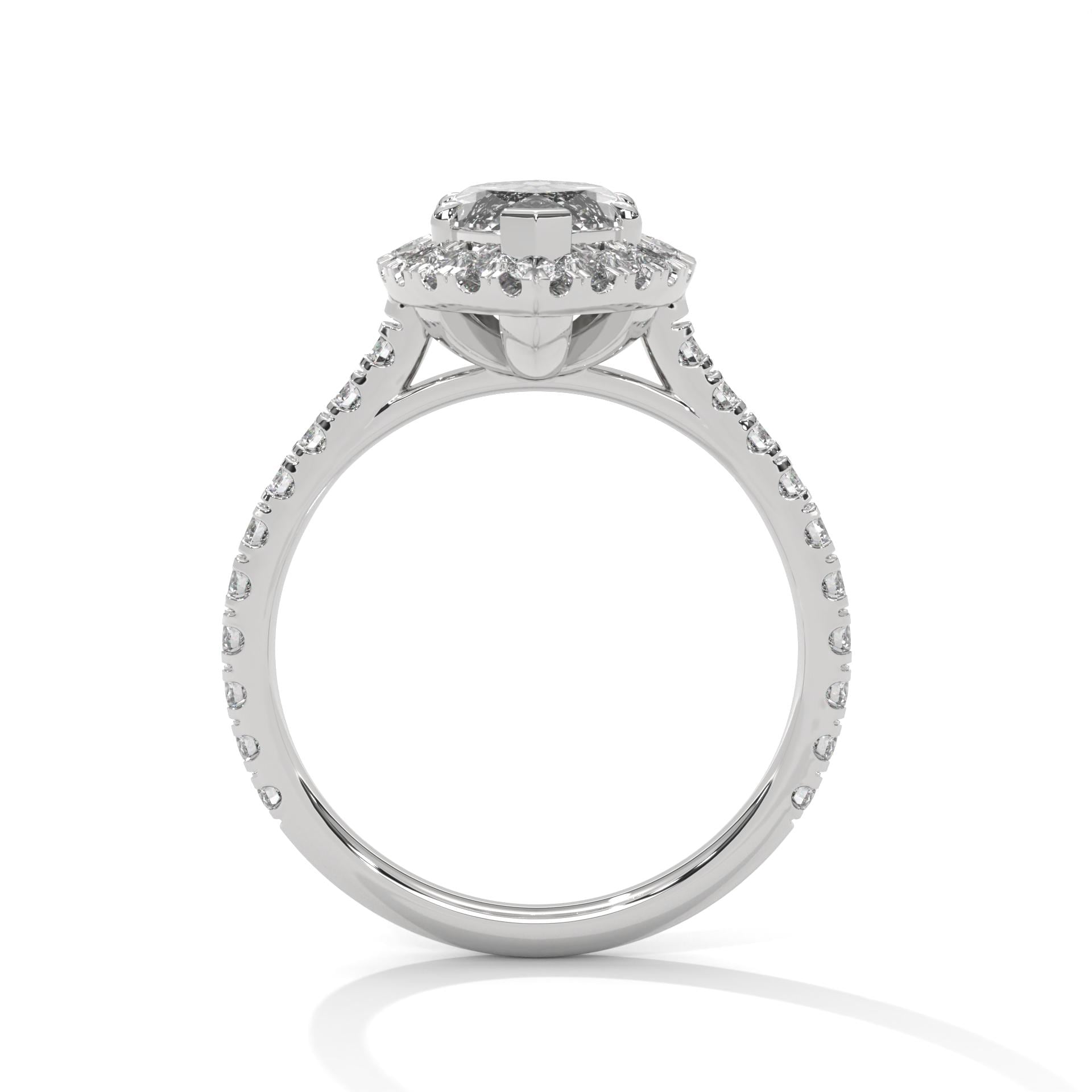 White gold marquise halo engagement ring featuring a sleek polished band