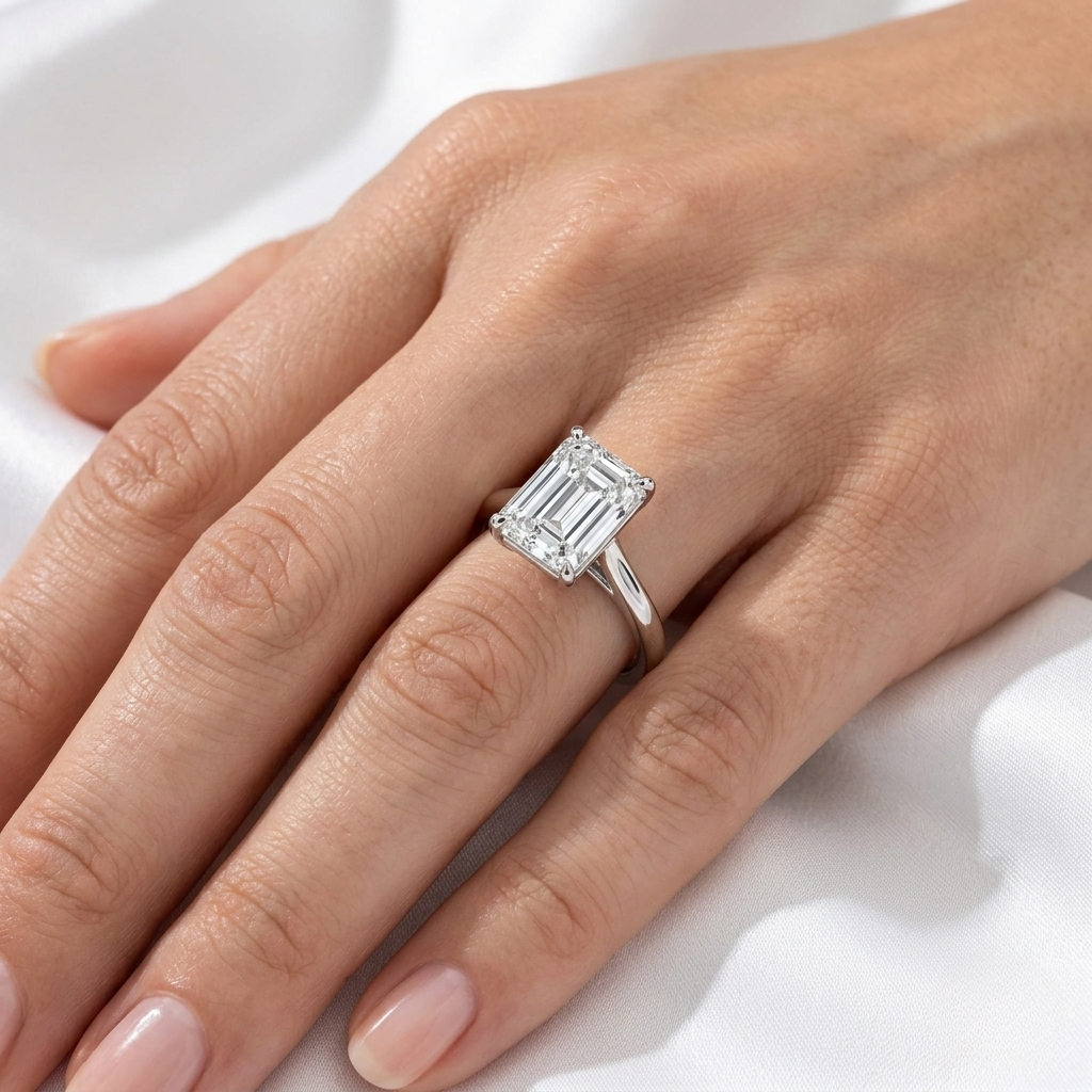 Emerald Cut Lab Grown Diamond Cathedral Solitaire Ring | F VS2 | 14K 18K Gold