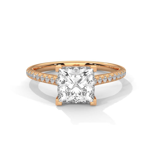 Princess cut lab grown diamond pave cathedral engagement ring in rose gold