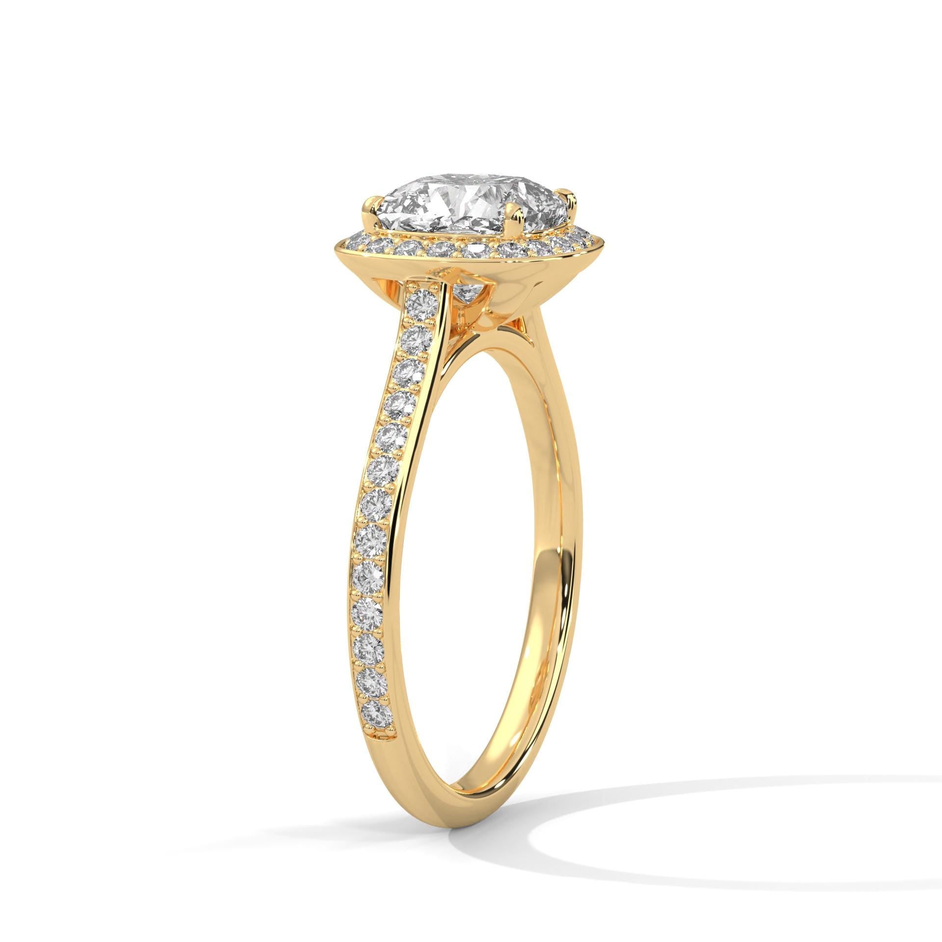 Underside view of yellow gold halo setting for cushion brilliant diamond