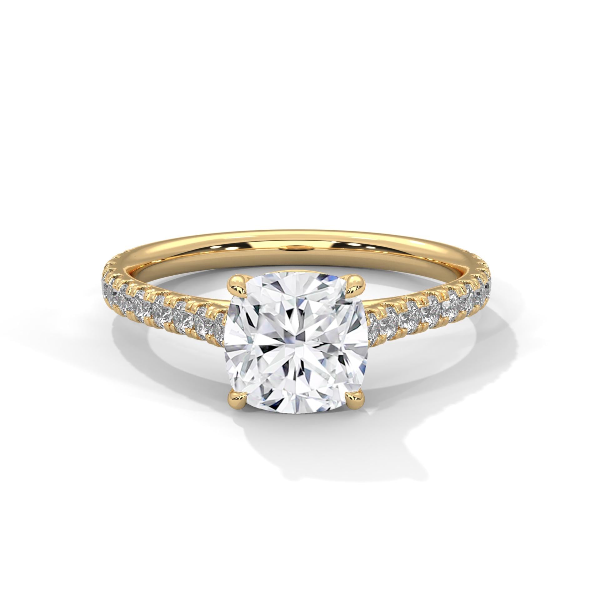 Colorless cushion cut lab diamond pave cathedral ring in yellow gold
