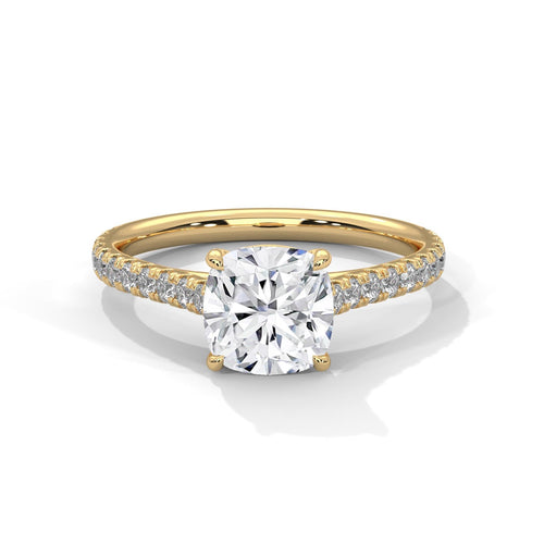 Colorless cushion cut lab diamond pave cathedral ring in yellow gold