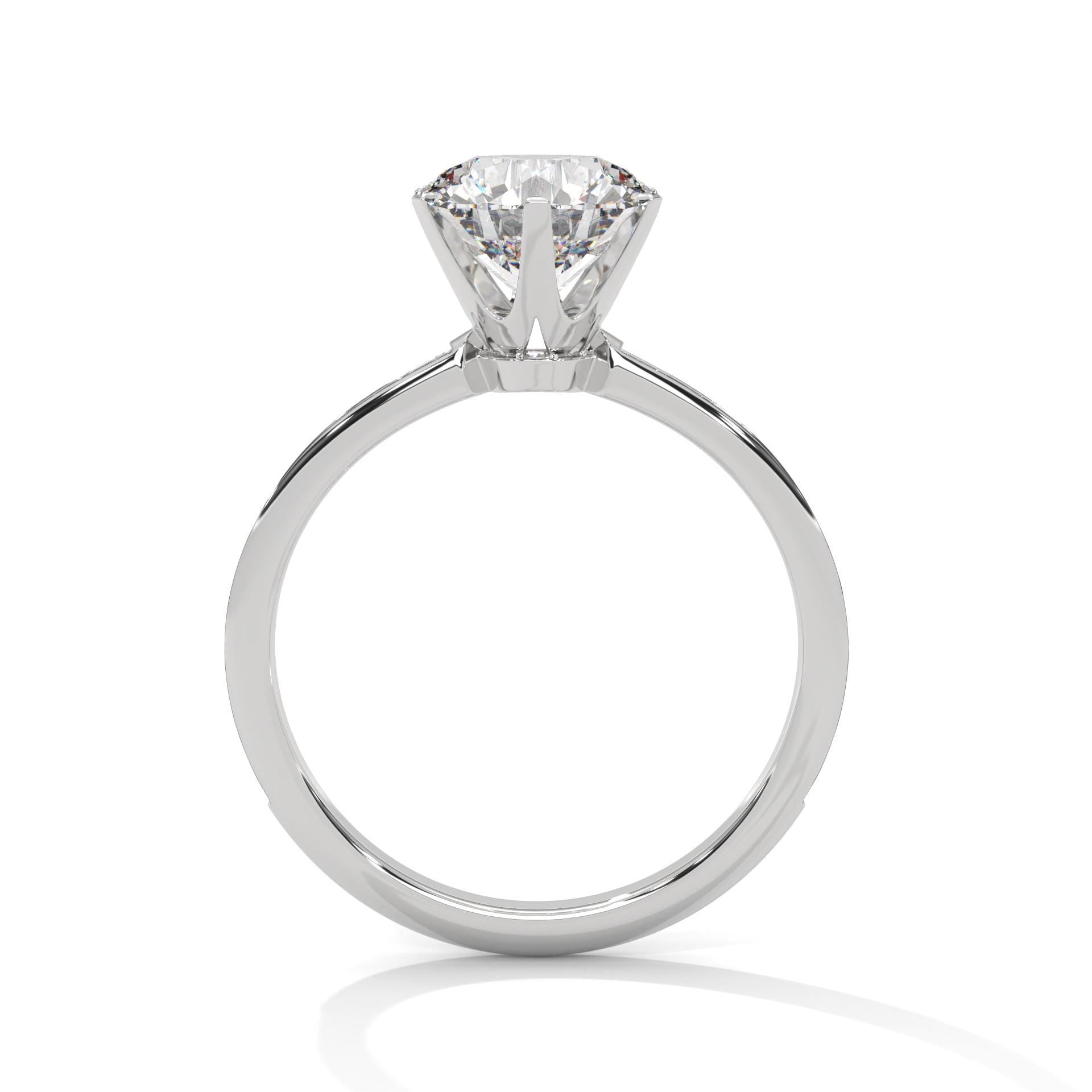 Side view of white gold round ring showing secure 6-prong mount and pave shank