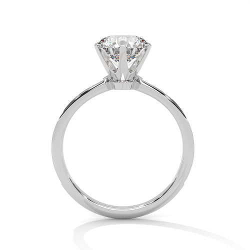 Side view of white gold round ring showing secure 6-prong mount and pave shank