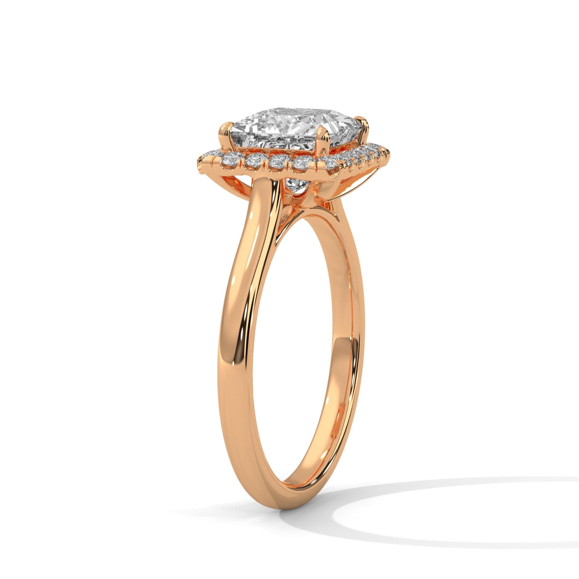 Elevated rose gold 4-prong mount for princess lab diamond halo.