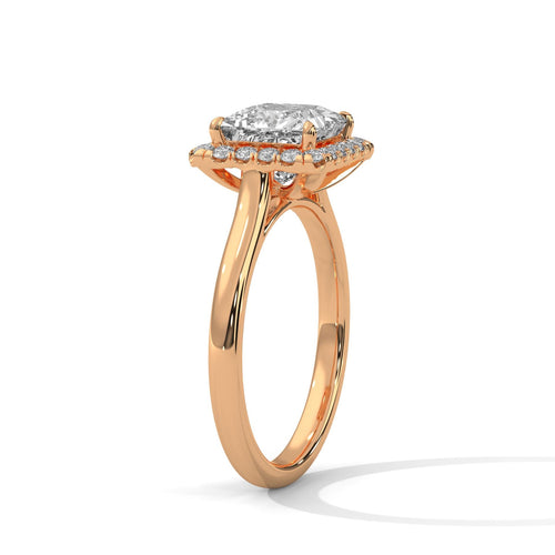 Elevated rose gold 4-prong mount for princess lab diamond halo.